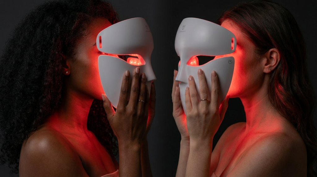 Masque leds sur une femme noire et une femme blanche face à face