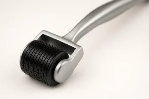 Un derma roller au manche acier et picot noir , un outil de soin pour la peau.