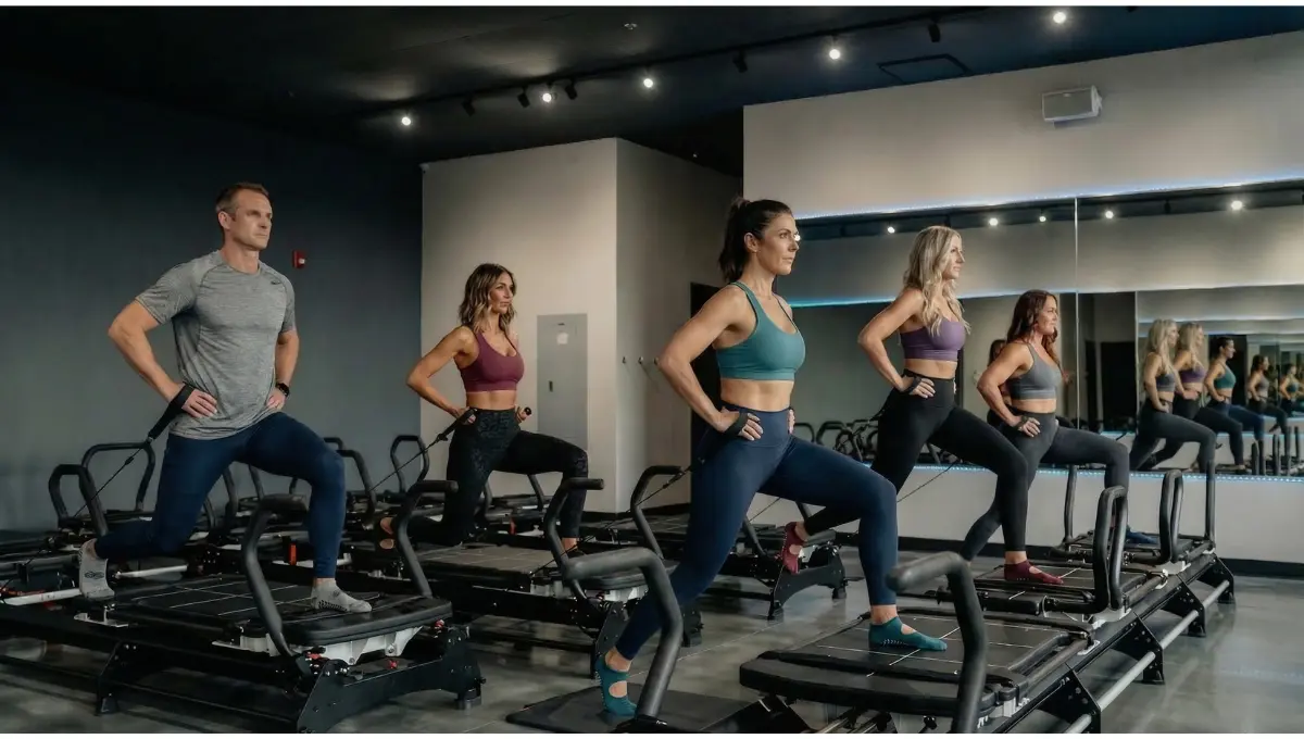Un homme et quatre femmes en tenue de sport pratiquant du sport sur Lagree Pilates dans une salle avec miroir.