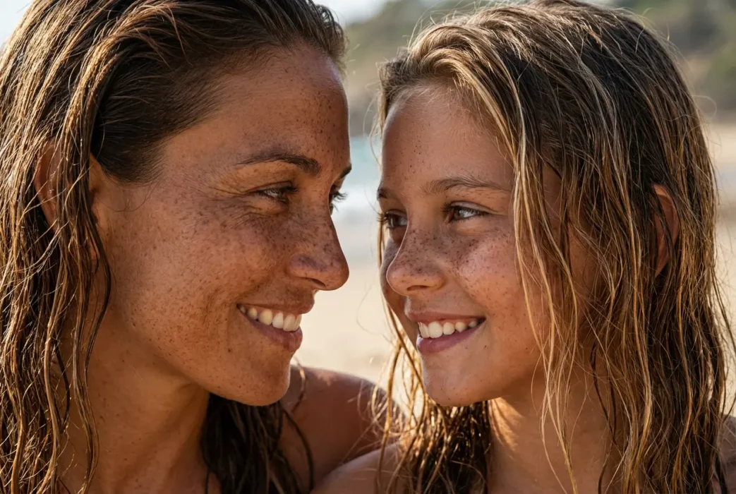 Une mère et sa fille cheveux blond style retour de plage plaqué en arrière se regardant