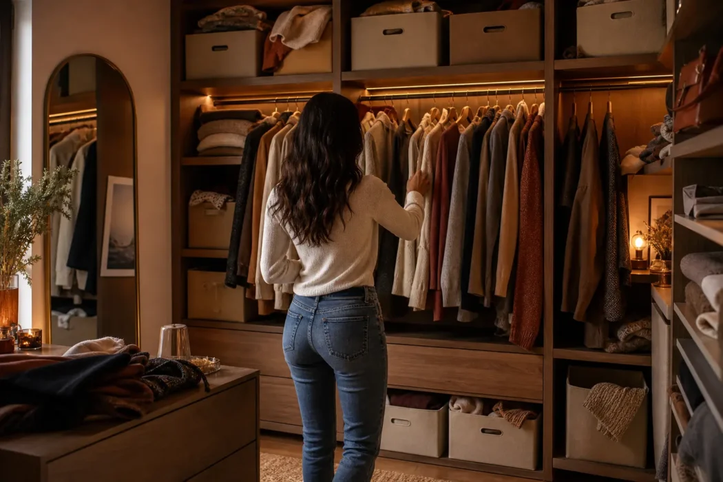 femme brune en jeans et pull blanc de dos dans son dressing